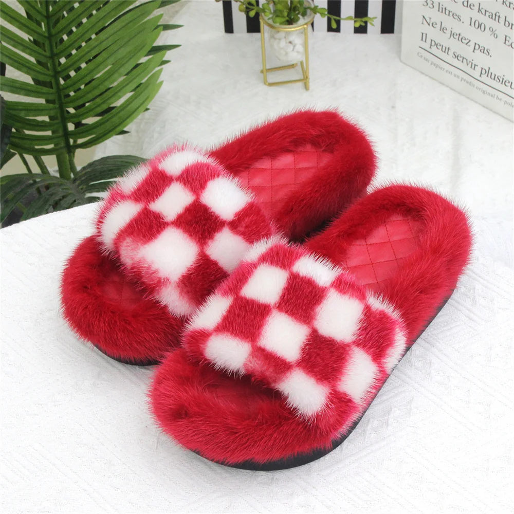 2026 Women Real Mink Fur Slippers Indoor Outdoor Luxury Shoes For Women Comfort Platform Fluffy Slipper Slides For Woman Summer
