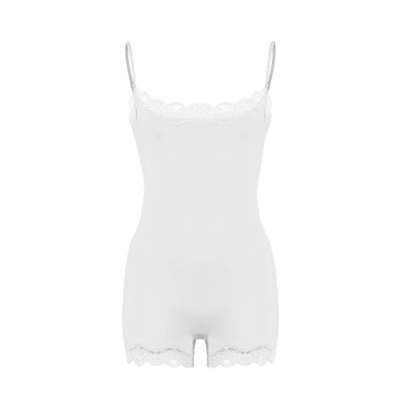 Lace Patchwork Cami Playsuit Women Sexy Backless Sleeveless Romper Solid Color Y2K Streetwear Casual Loungewear Outfit