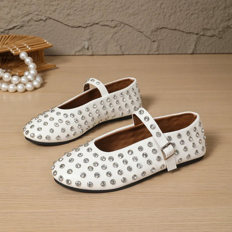 Women's Flat Dress Shoes Bottom Mary Jane Water Diamond Casual Dancing Shoes Genuine Leather Single Shoes Luxury Ballet Flats