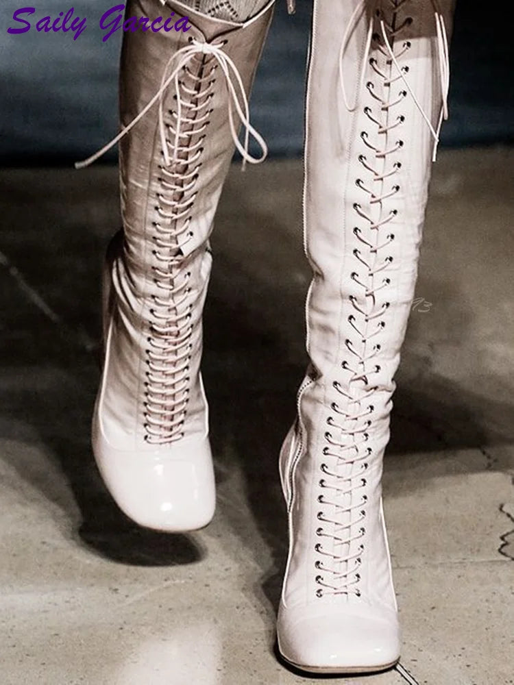 Emerald Green Patent Glitter Knee High Boots Retro Round Toe Lace Up Square Heel Modern Boots 2026 Runway Fashion Women Shoes