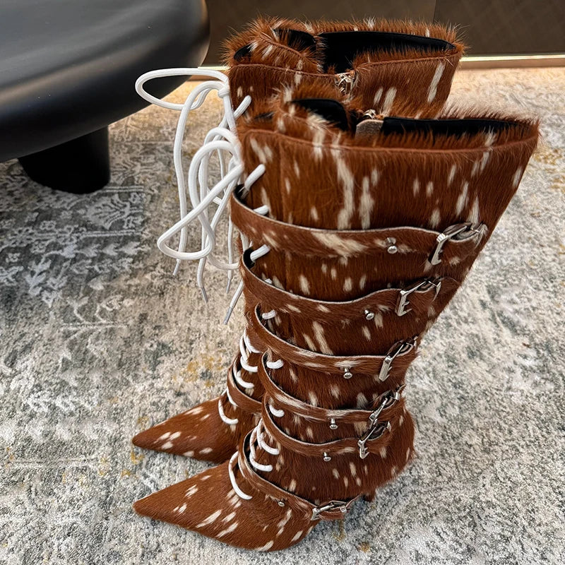 High Qaulity Horsehair Patchwork Thin High Heel Long Boots Women Pointed Toe Lace Up Sexy Fashion Women Boots For 2025 Autumn