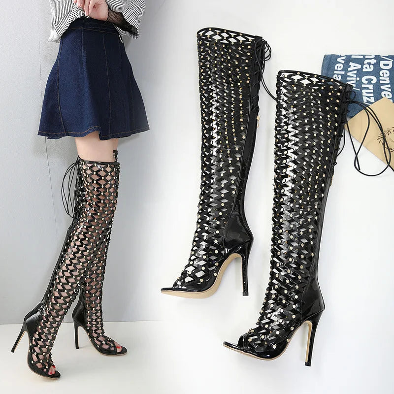 Sexy Rivet Hollow Super High Heels Shoes Women's Steel Pole Dance Over the Knee Boots Women Summer Mesh Peep Toe Sandals