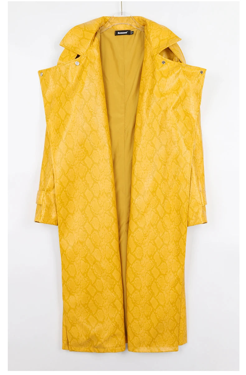 Nerazzurri Spring Autumn Long Oversized Colorful Snakeskin Print Patent Leather Trench Coat for Women Belt Runway Fashion 2022