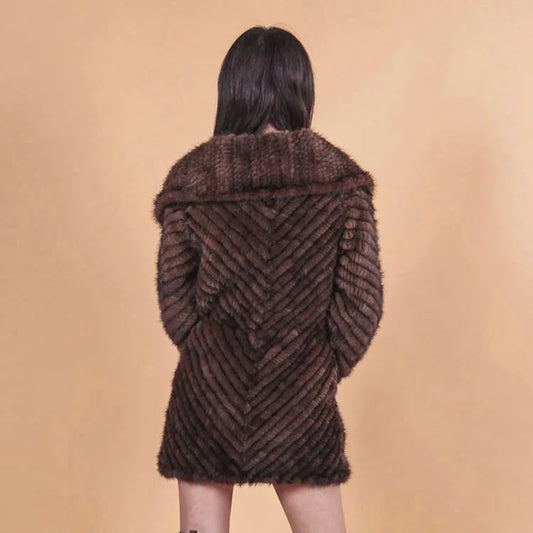 2026 Winter Women's Genuine Real Natural Knitted Mink Fur Coat Overcoat Hoody Outerwear Coats Long Coat