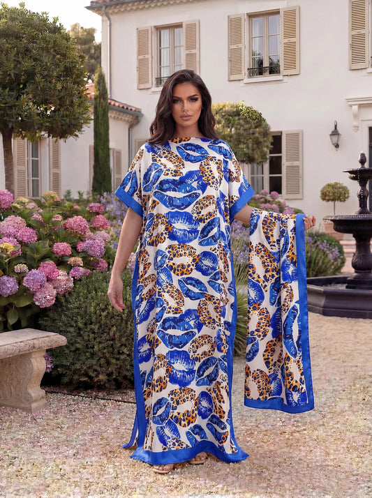 Bold Lip Print Leopard Mixed Satin Abaya Scarf Set, Loose Batwing Maxi Kaftan For Muslim Women Summer Beach Holiday Wear