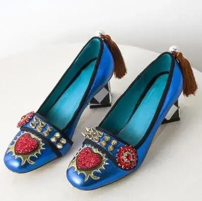 royal red heart crystal rivets Studs Pumps back pearl with tassel rhombus Square Heel Women Slip On mary jane Shoes