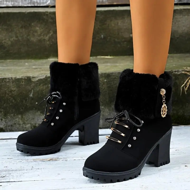 Elegant Fluffy Fur Thick High Heel Suede Ankle Boots Women Winter 2026 Designer Warm Plush Black Short Boots Woman Furry Booties