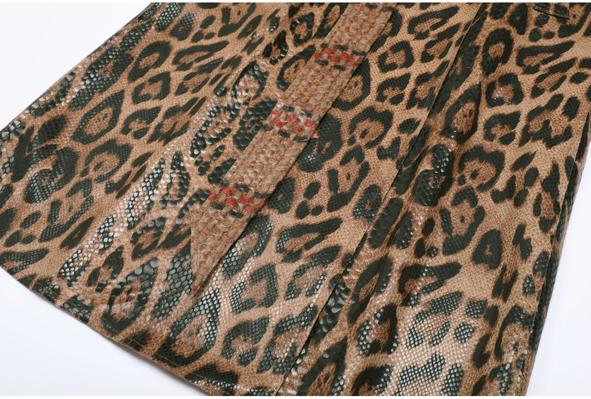 2102 High-quality Spring And Autumn Snake Skin Leopard Print Long Sleeved Leather Belt Temperament Coat Women's Trench Coat