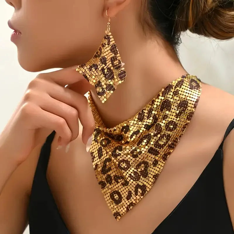 3PCS Women Leopard Necklace + Earring Set Fashion Sexy Bright Beads Triangle Scarf Collarbone Chain Earrings Jewelry Set