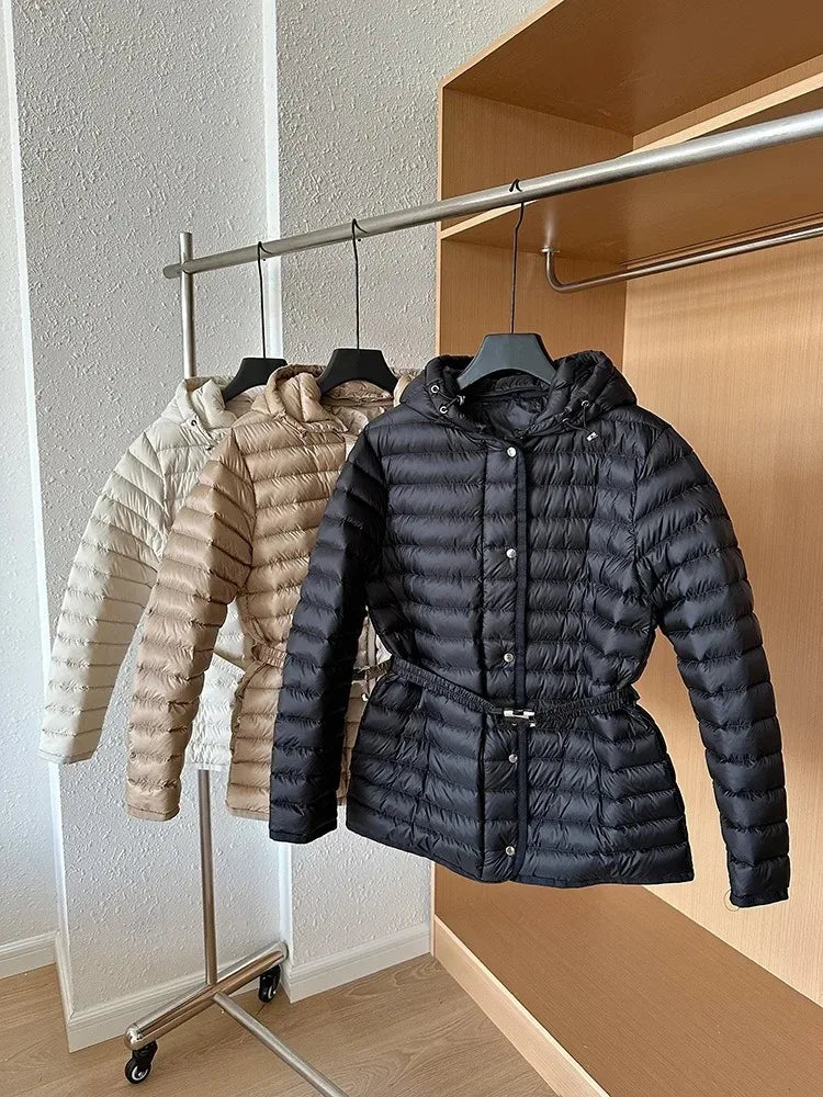 2025 Autumn Winter Luxury Lightweight Short Slim 90% White Duck Down Jacket Women Hooded Detachable Sash Warm Down Coat Fashion