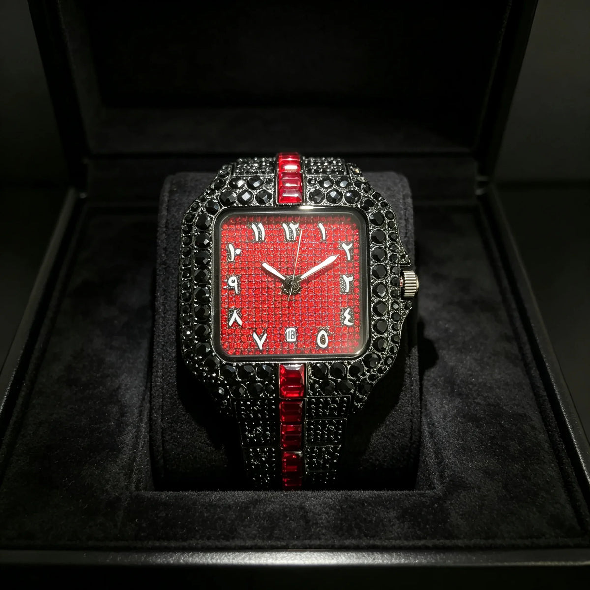 European Full Diamond Men's Quartz Watch with Waterproof Square Case and Hot Fashion Fold Clasp Style