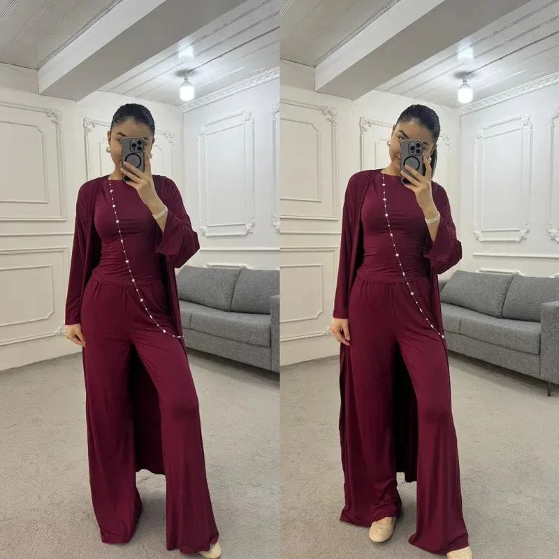 Women Cardigan Vest Wide Leg Pants 3 Piece Sets Top Long Coat Trousers Suit Office Lady Ensemble Spring Summer 2026 Outfits