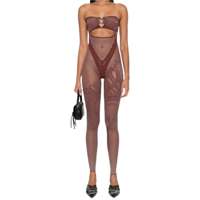 HLJ&GG Sexy Off Shoulder Hollow Out Bodycon One Piece Jumpsuits Women Sleeveless Backless Slim Playsuit Fashion Stretchy Overall