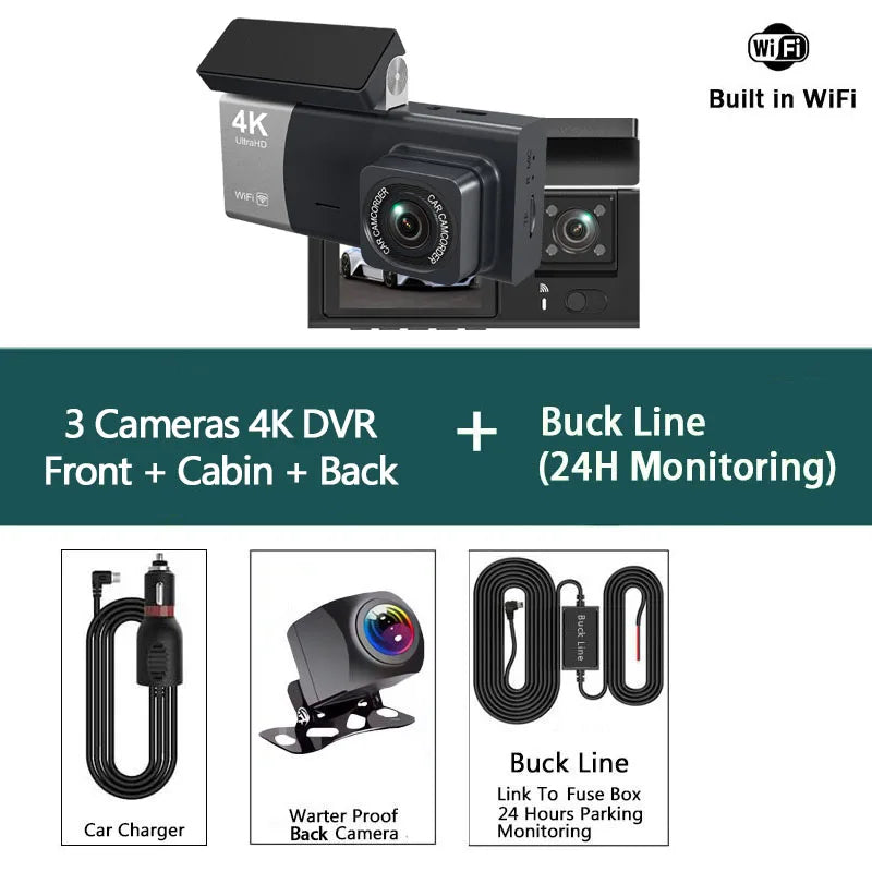 3 Channel 4K 2160P Dash Cam Car Front Inside And Rear WiFi Car Camera With APP Control Night Vision 24H Parking Mode Dashcam