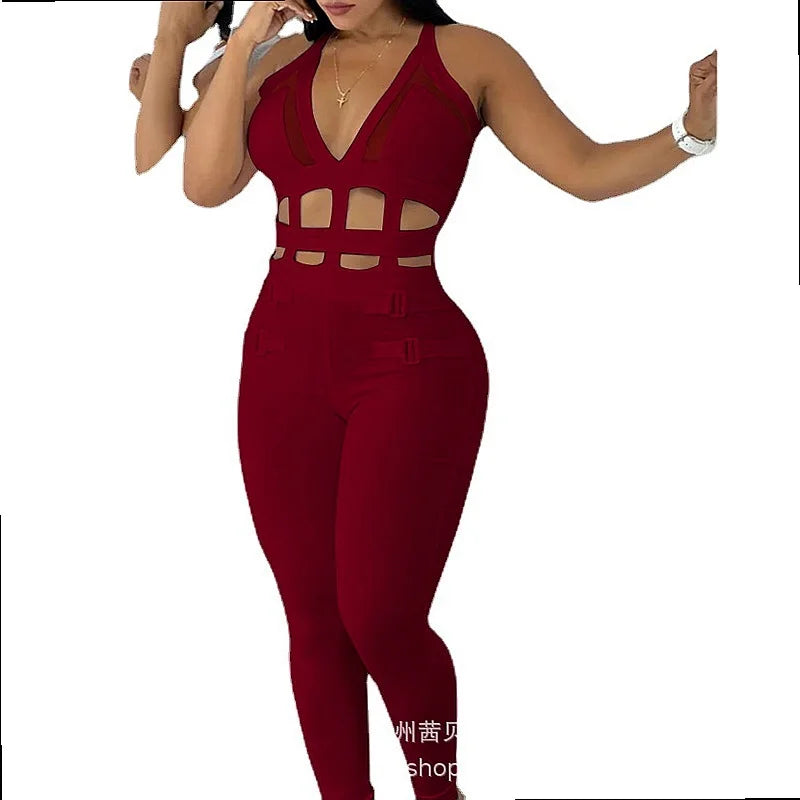 Sexy White Hollow Out Tie Neck Bodysuit Jumpsuit Bodycon Overall Playsuit Spring Summer