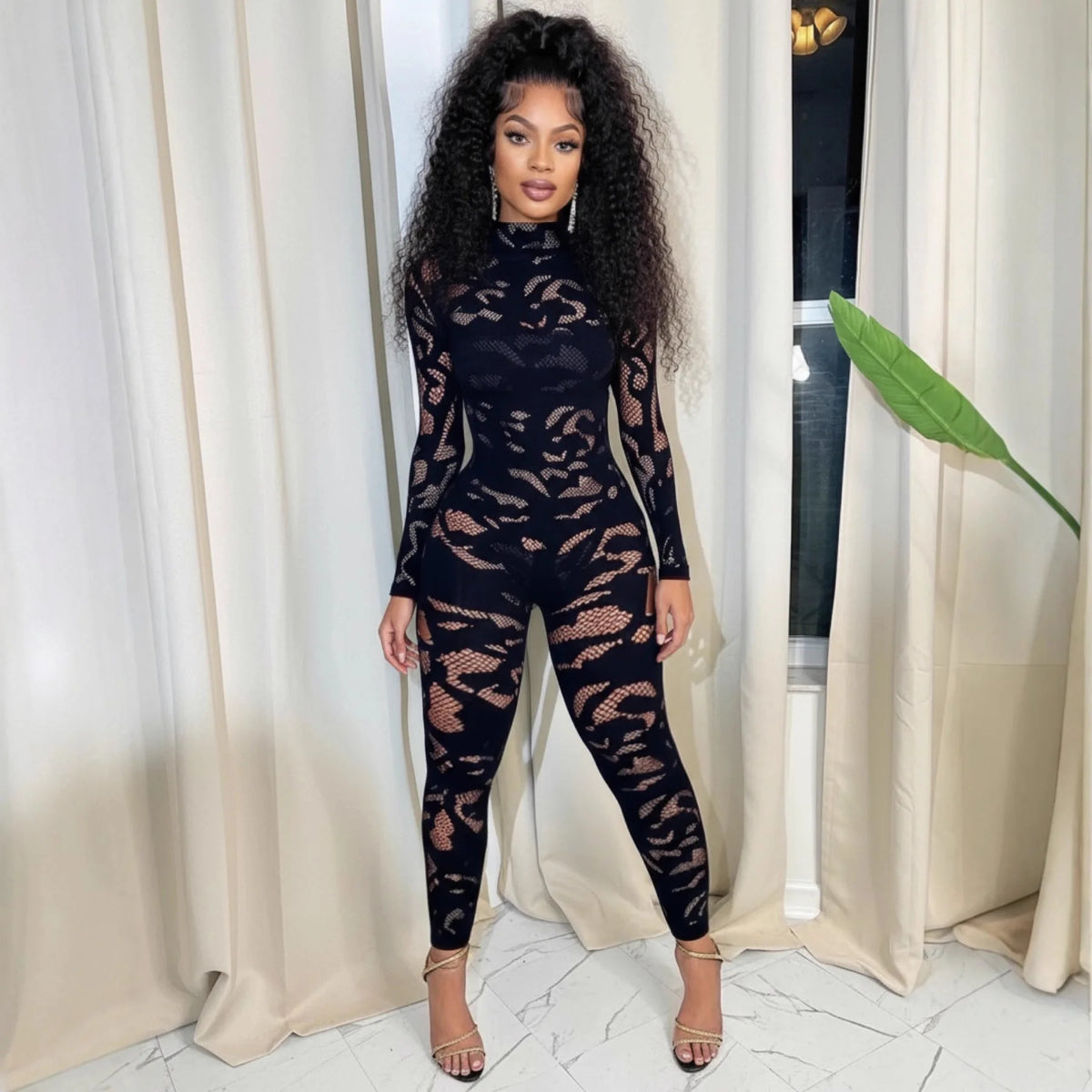 FAGADOER Sexy Lace See Through Patchwork Bodycon Jumpsuits for Woman Hollow-out Long Sleeves Rompers Female Streetwear Overalls