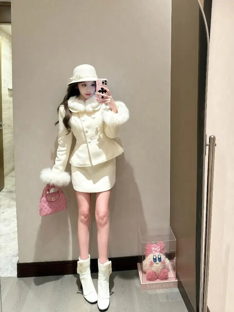 Winter French Elegant Women's Sets Korean Fashion Vintage Design 2 Piece Set Slimming Fur Collar Suits Chic Outfit Woman Clothes