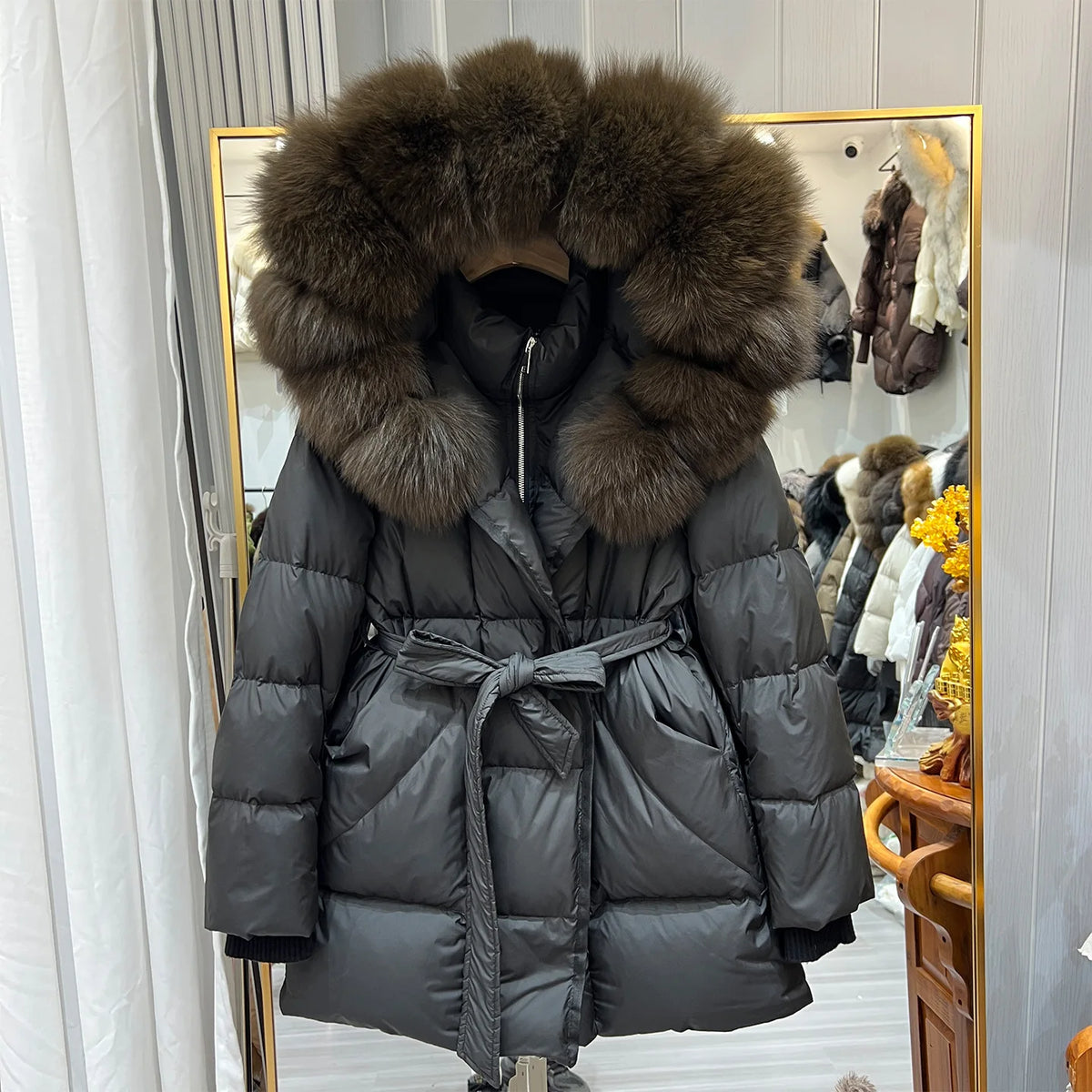 Women Winter Long Down Jacket Genuine Fox Fur Large Collar Hooded Slim Fit Waist Belt Warm Fashion Versatile Casual Winter Coat