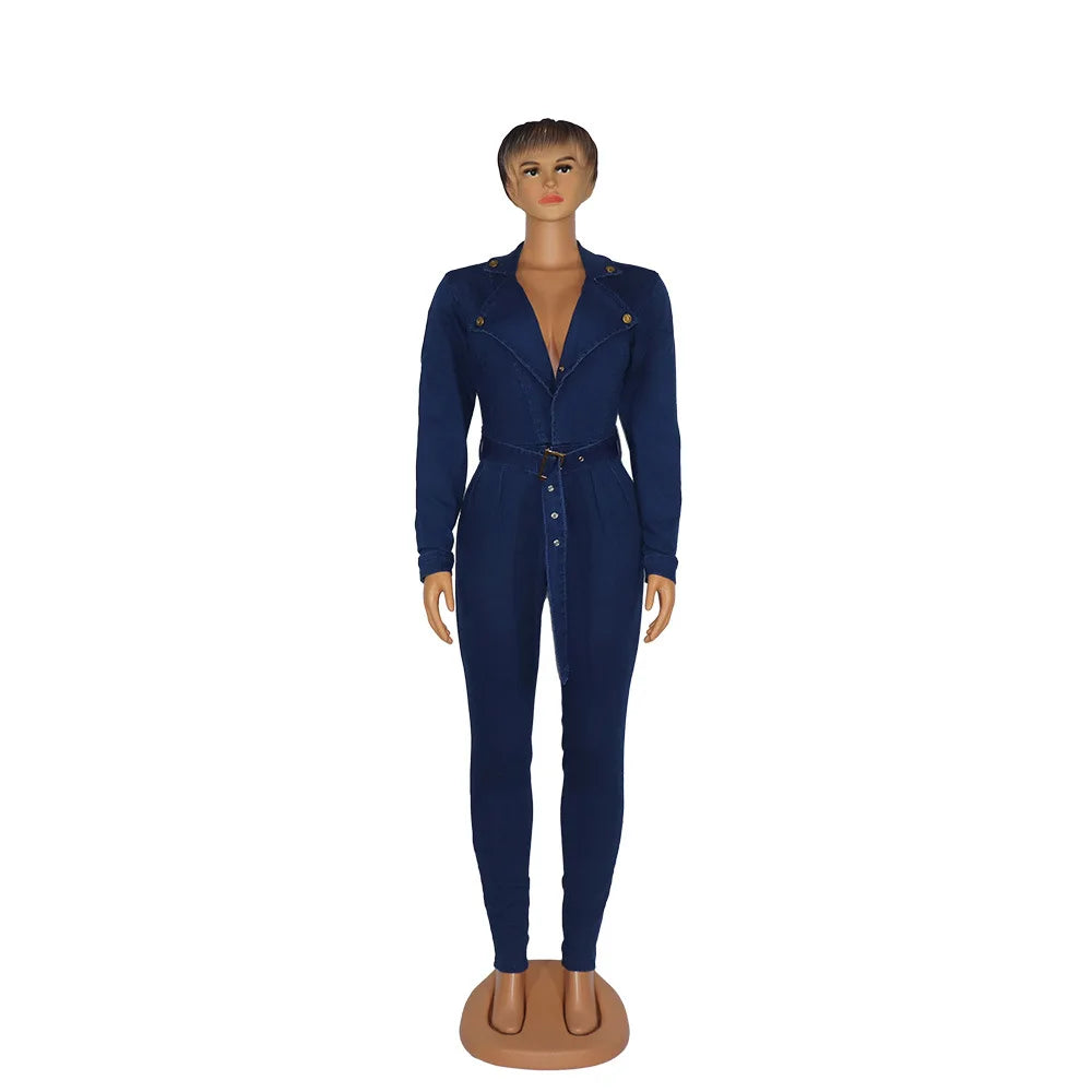 Washed Denim Jumpsuits V Neck Sashes Overalls Jean Solid Pencil Pants Sheath Jeans Pockets Spliced Sexy Slim High Street
