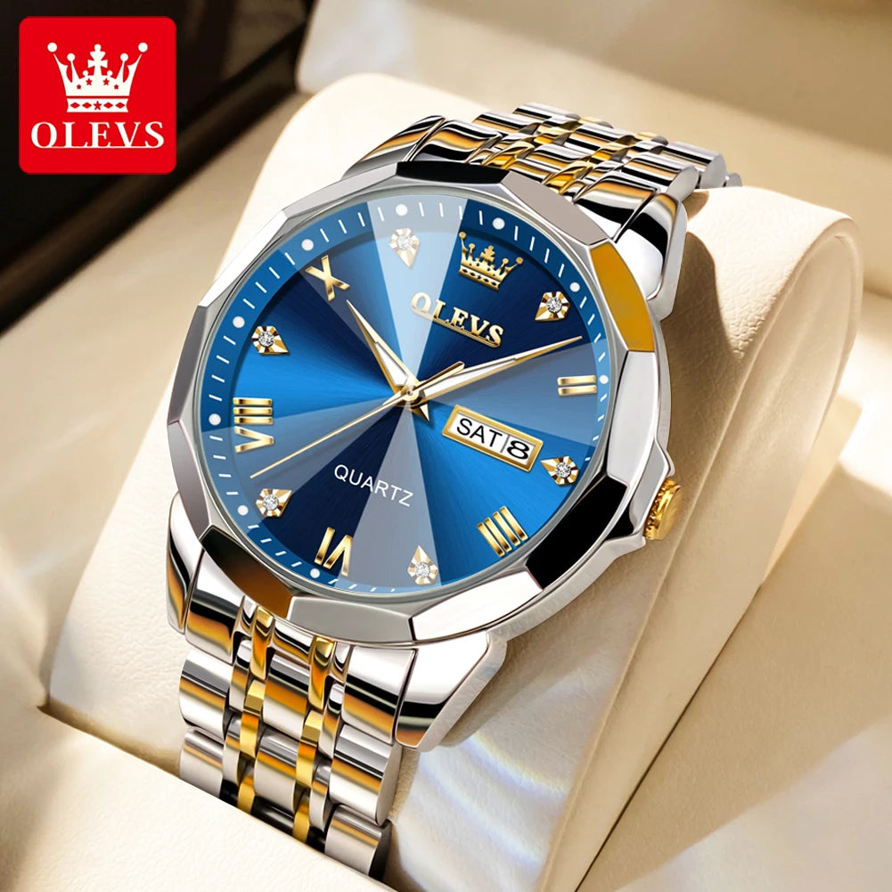 OLEVS Original Waterproof Men's Watches Diamond Mirror Quartz Watch for Man Luminous Stainless Steel Wristwatch Male Date Week