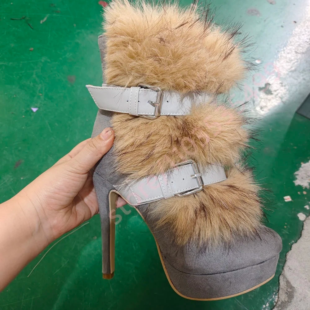 Winter Platform Belt Buckle Soft Fur Short Boots Fashion Show Party Casual Furry Boots New Sexy Women's Stiletto Warm Boots