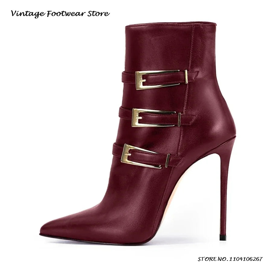 Triple Belt Buckle Leather Ankle Boots Sexy Pointed Toe 12cm High Stilleto Booties Women's Spring Autumn Side Zip Modern Boots