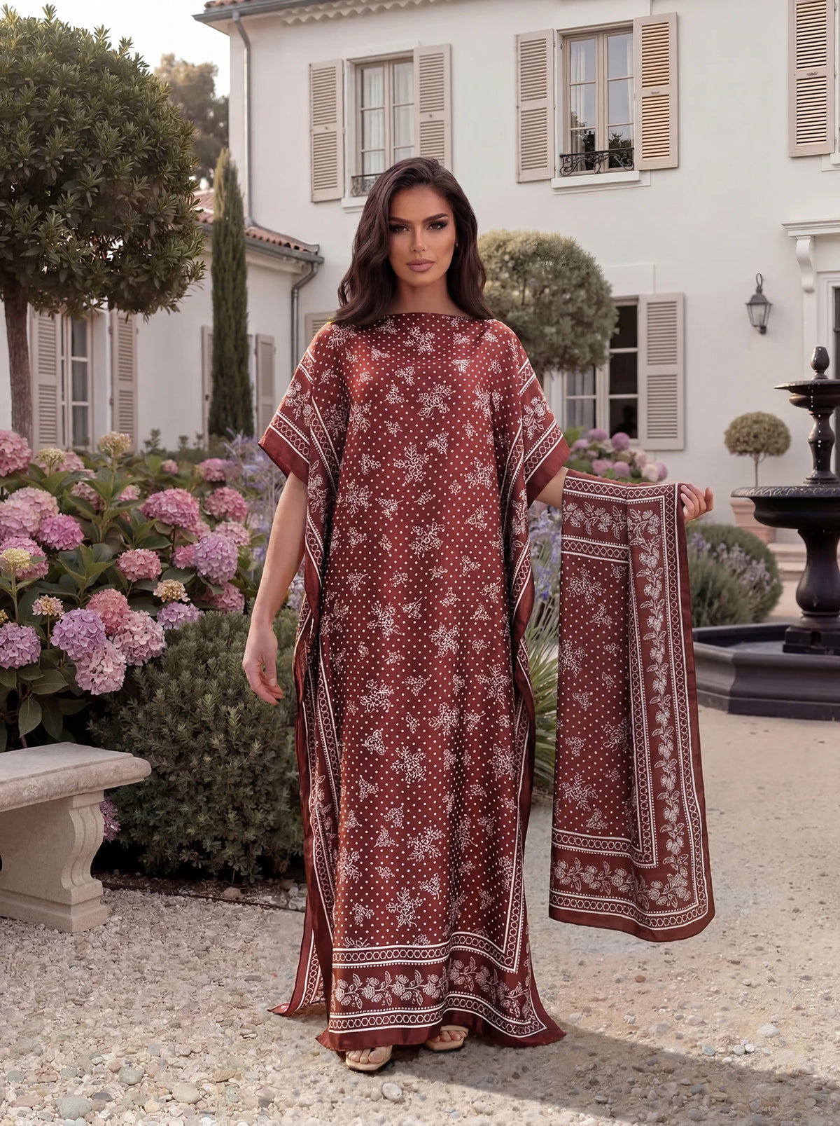 Boho Floral Polka Dot Print Satin Abaya Scarf Set, Loose Batwing Maxi Kaftan For Muslim Women Summer Beach Daily Holiday Wear