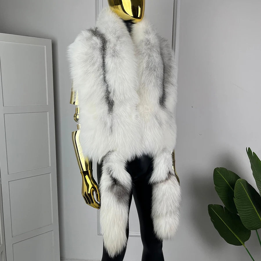 Winter Genuine Fox Fur Shawl With Tail Fur Shawl For Men Long Natural Cross Fox Fur Scarf High Quality Real Fur Scarf