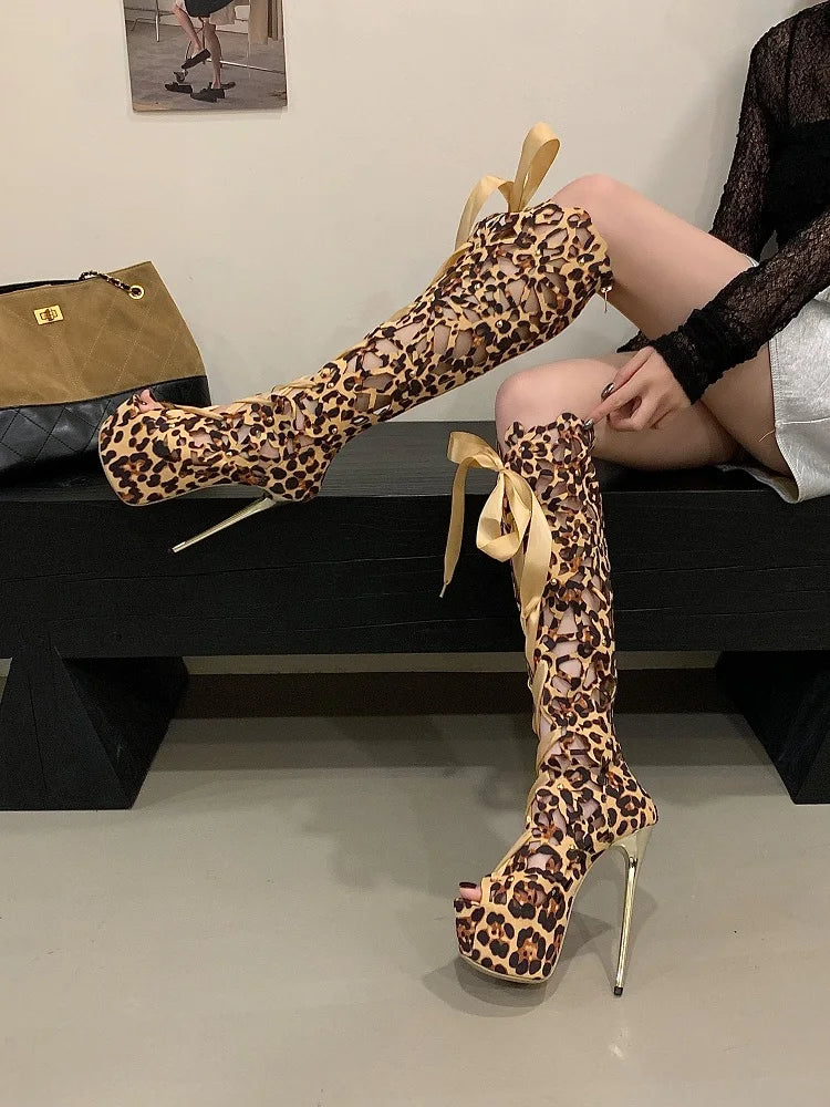 Aneikeh Sexy Leopard Print Hollow Out Ultra-high Heels Knee-High Boots Lady Club Stripper Peep Toe Platform Sandal Long Booties