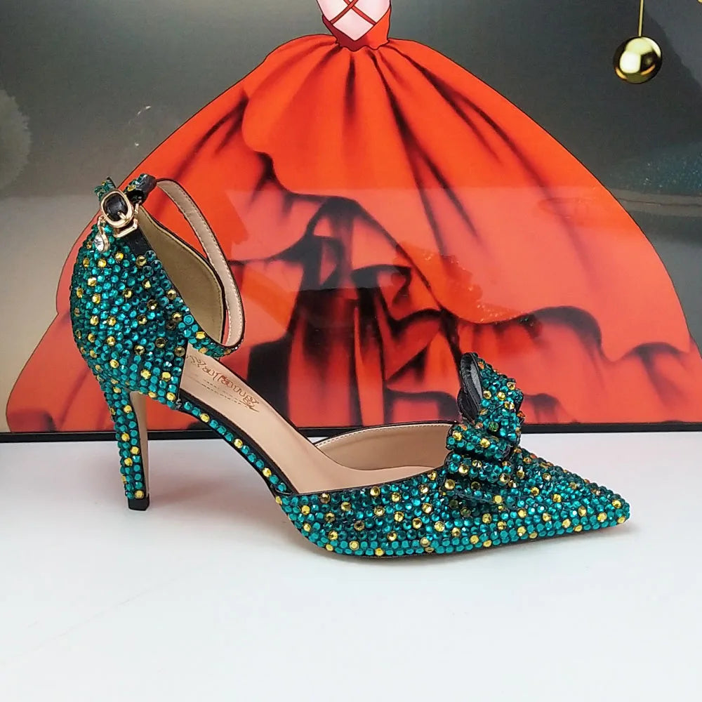 BaoYaFang 2024 New Arrival Teal Blue Strawberry Bridal Wedding Shoes and Bag Female Ladies Party Shoes Ankle Strap High Pumps