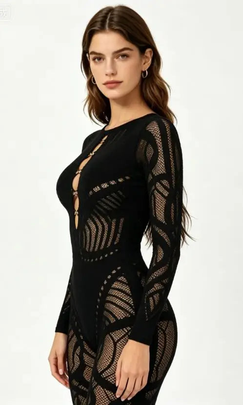 Women Mesh Bodycon Jumpsuit Rhinestones Cutout Long Sleeve Bodysuit Romper Pants for Clubwear Streetwear