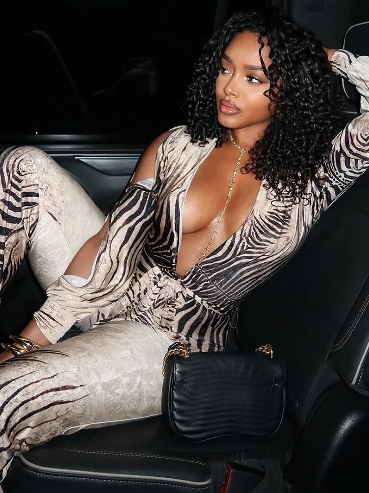Nibber Deep V-Neck Jumpsuit Woman Stripe Patchwork Flared Hollow Full Sleeve Street Off Shoulder Sexy Fashion Style Overalls