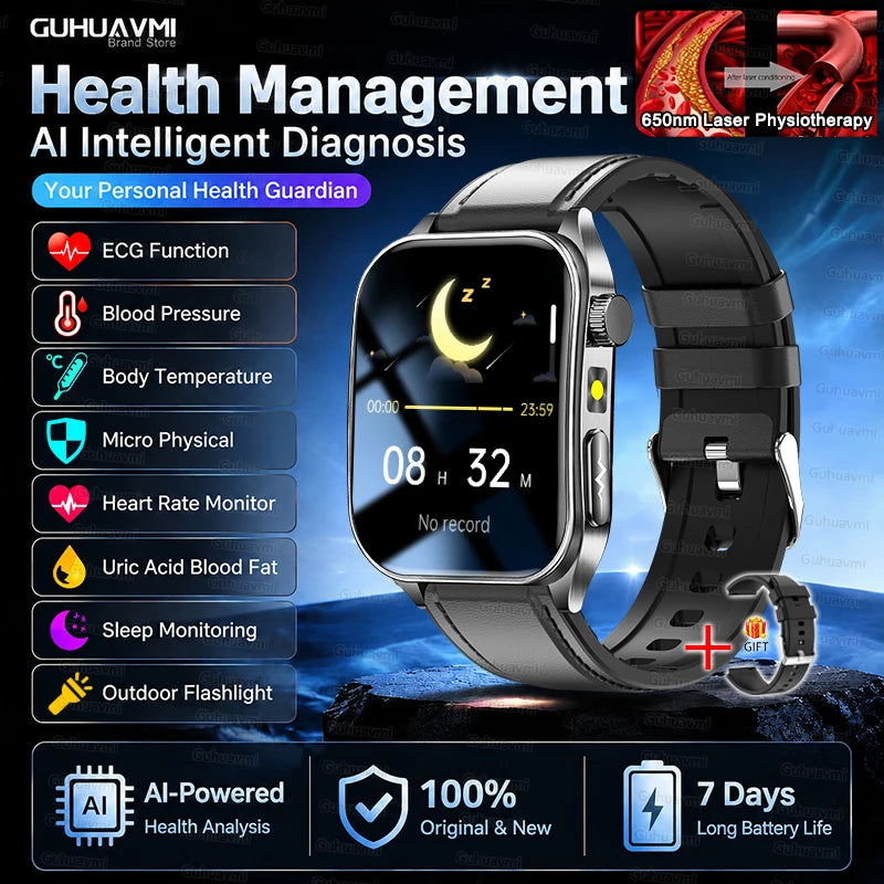 2026 New Non-Invasive Laser Treatment Three High Smart Watch Man ECG Heart Test Blood Fat Uric Acid Smart Watch For Android IOS