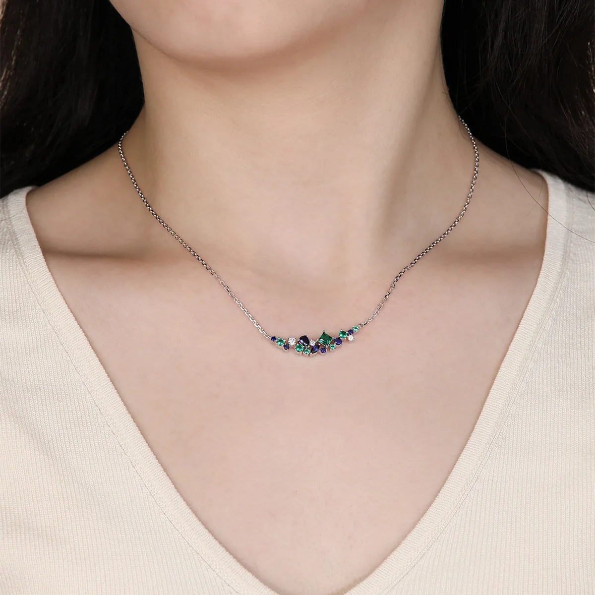 XCY Mixed Cut Lab Sapphire Emerald Moissanite Necklace for Women 925 Silver Curved Cluster Pendant Anniversary Fine Jewelry Gift