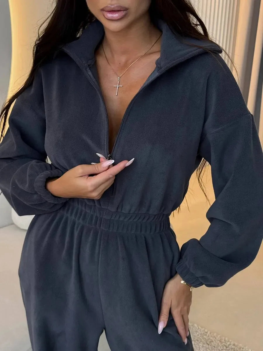 FSMG Casual Long Sleeve Half-Zip Sports Jumpsuits Women's Solid Loose Lapel Elastic Waist Tracksuits Comfy One-Piece Lounge Set