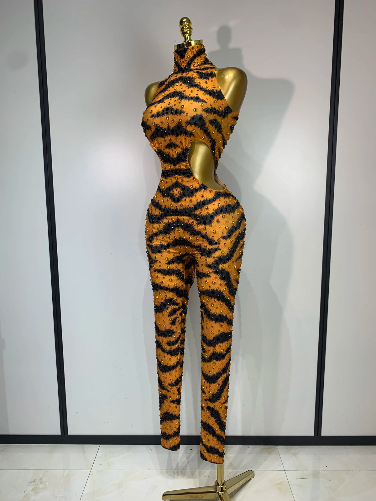Sparkly Rhinestone Tiger Pattern Tight Fitting Jumpsuit Evening Party Sexy Nightclub DJ Stage Performance Outfit