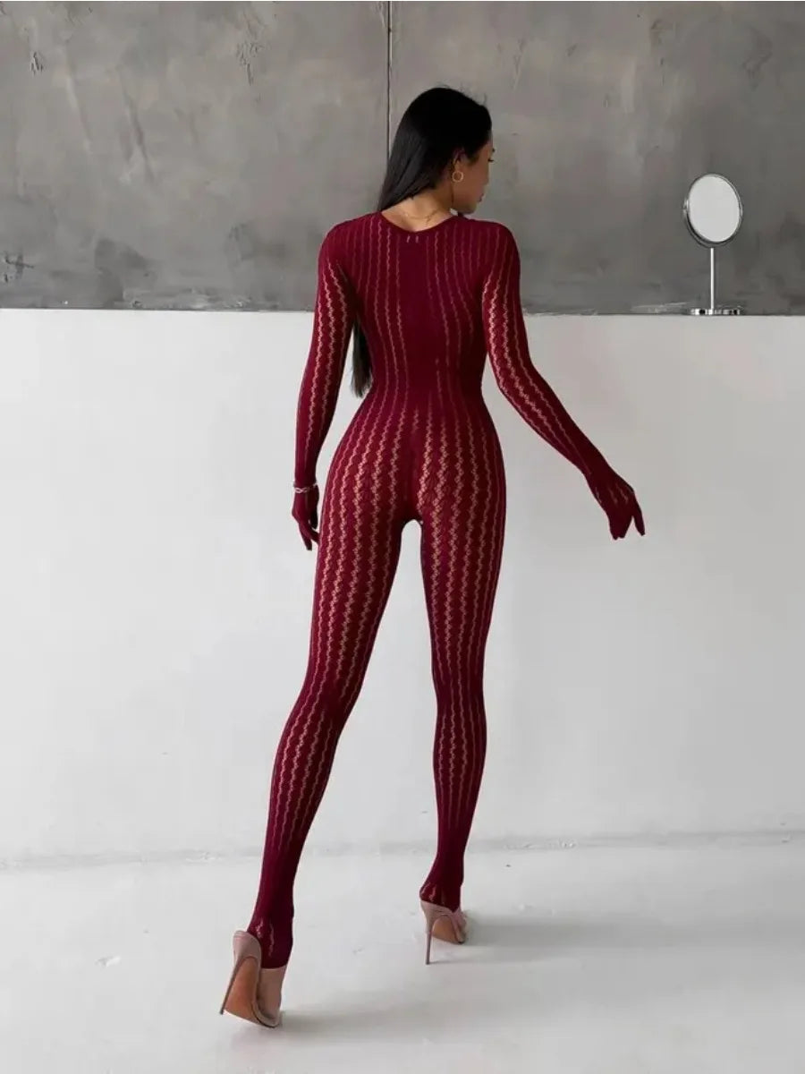 Women's Burgundy Sheer Lace Jumpsuit Long Sleeve Bodycon One Piece Romper Openwork Pattern for Party Club Evening Wear