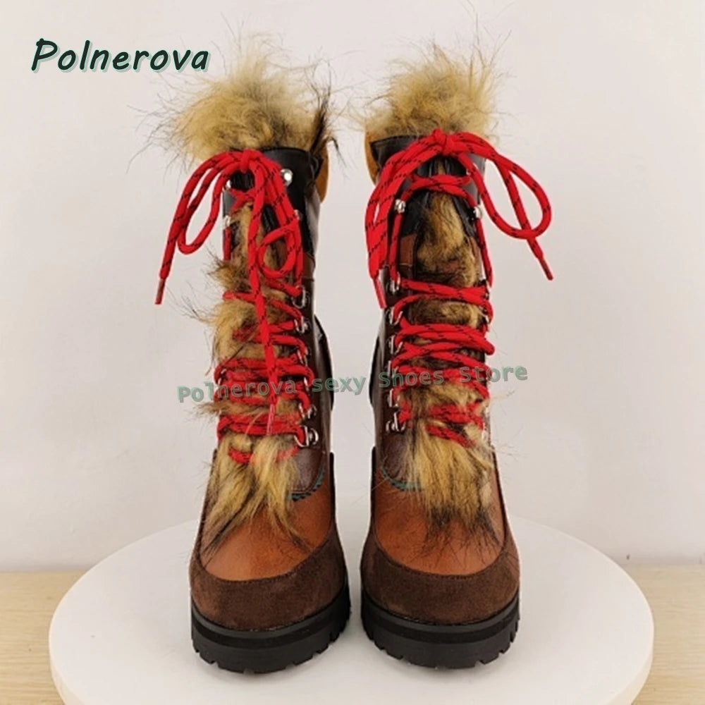 Faux Fur Cross Tied Fashion Boots 2026 New Arrivals Round Toe Toe Strange Style Mixed Colors Women Sexy Mid-Calf Boots Trend