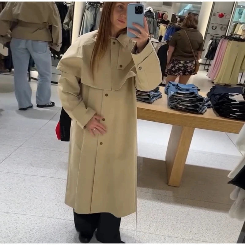 Cape Shawl Women's Trench Coat Turn Down Collar Single Breasted Windbreaker Jacket Long Casual Street Autumn Daily Outerwears