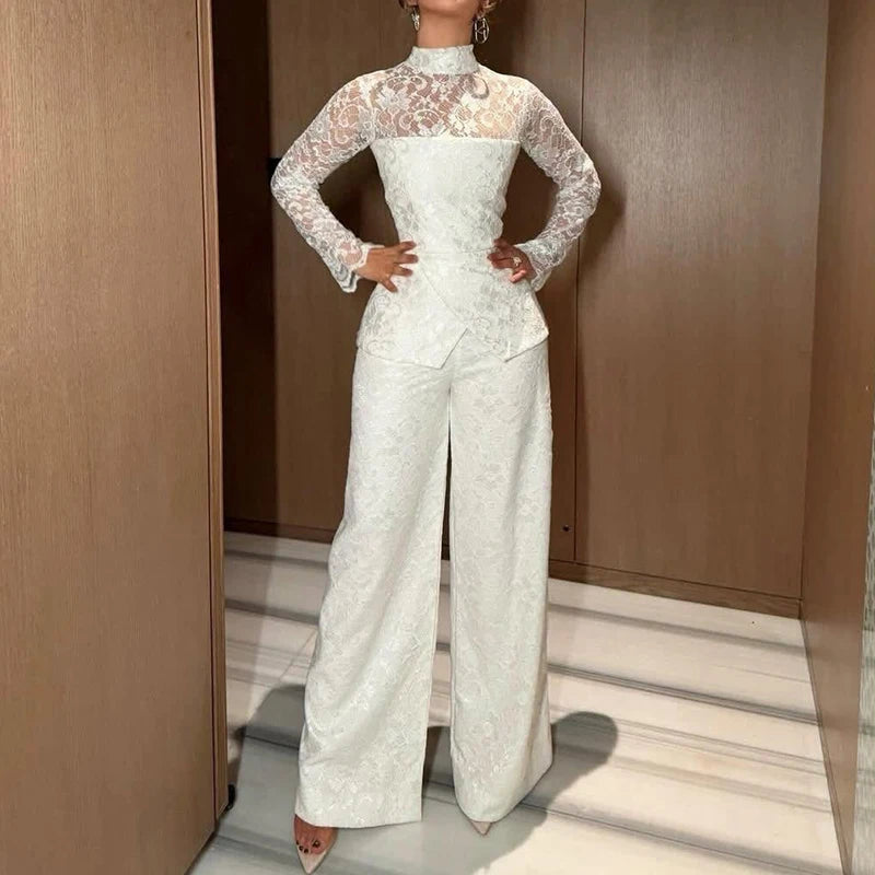 Autumn New Long Sleeve Playsuits Overalls French Style Lace Turtleneck Jumpsuits Elegant Solid Color Hollow Out Wide Leg Rompers