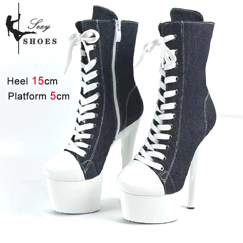 15 17 20cm Super High Nightclub Platform Heels Strappy Canvas Women's Ankle Boots Sexy Round Toe Pole Dance Shoes Ladies Boots