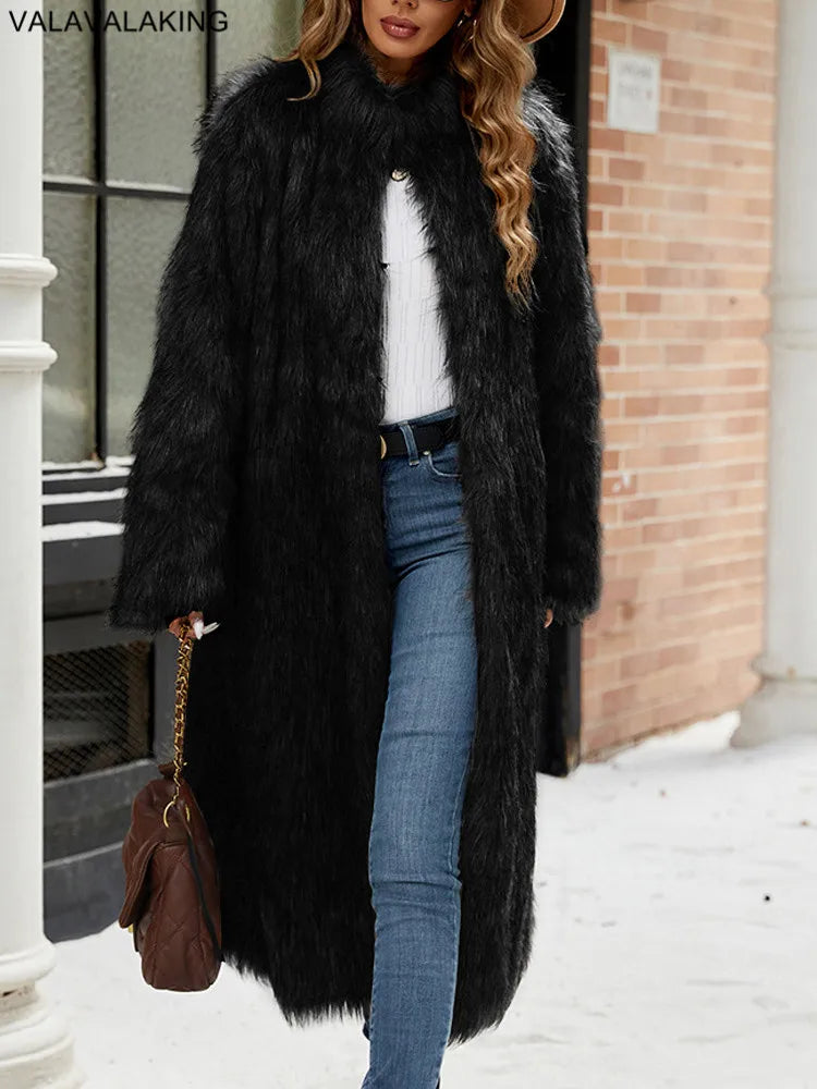 2026 Winter Stand Collar Faux Fur Long Coat Women Elegant Long Sleeve Fluffy Plush Jacket Lady Casual Thick Warm Furry Outwear