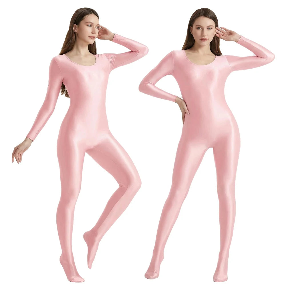 Women's Smooth Glossy High-Elastic Round Neck One Piece Catsuit Long Sleeve Zentai Jumpsuits Cosplay Performance Tights Bodysuit
