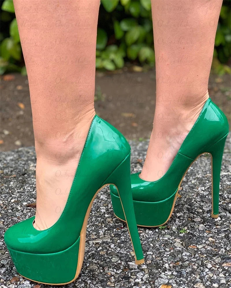 Onlymaker Women Platform Round Toe Pumps Slip On Stiletto Black Patent High Heels Wedding Party Plus Size Sexy Shoes