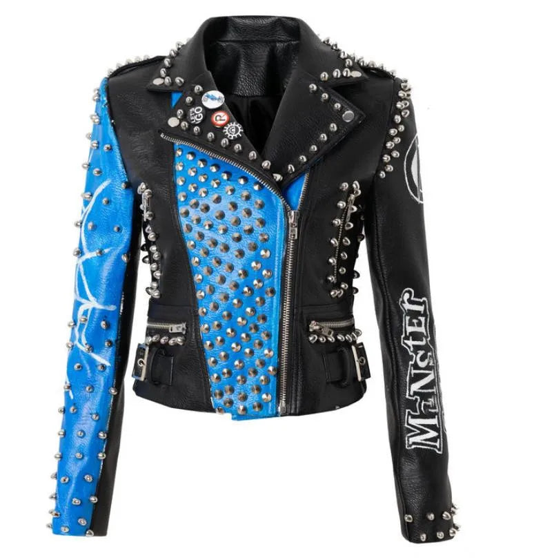 3xl women and men rivet beading pu leather jacket hit color streetstyle Graffiti outerwear letters printed leather jackets