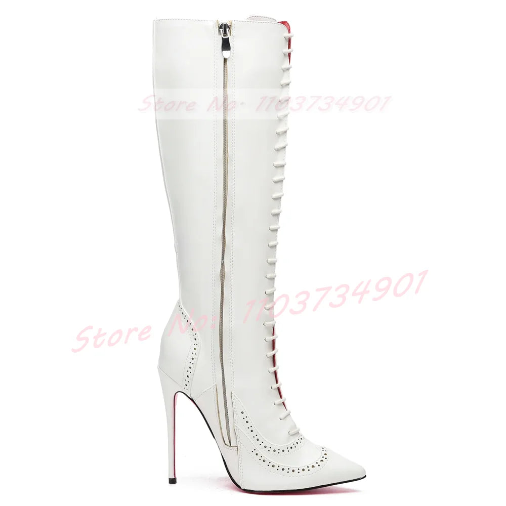 Pink Sole Zipper Knee Length Boots Women Sexy Nightclub Lace Up Pointy Toe High Heels Boots Lady Party Nifty Punk Fashion Shoes