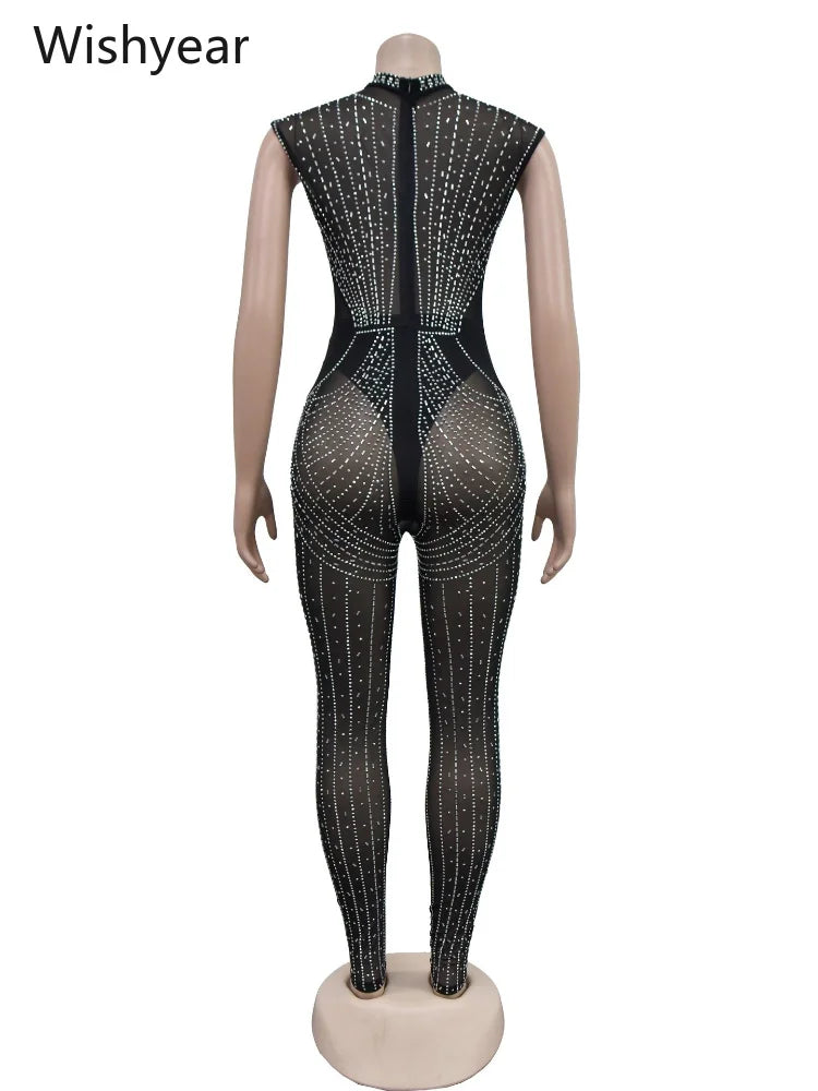 Women One Piece Party Jumpsuit High Neck Sheer Mesh Rhinestone Beading Cap Sleeve Bodycon Long Romper for Cocktail Club Night