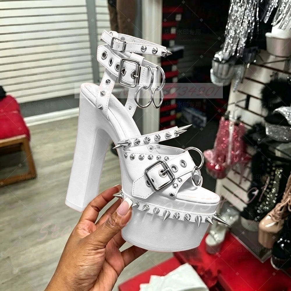 Pink Studded Platform Heels Sandals Women Metal Spikes Buckle Strap Peep Toe Block Heels Sandals Gothic Punk Ring Leather Shoes