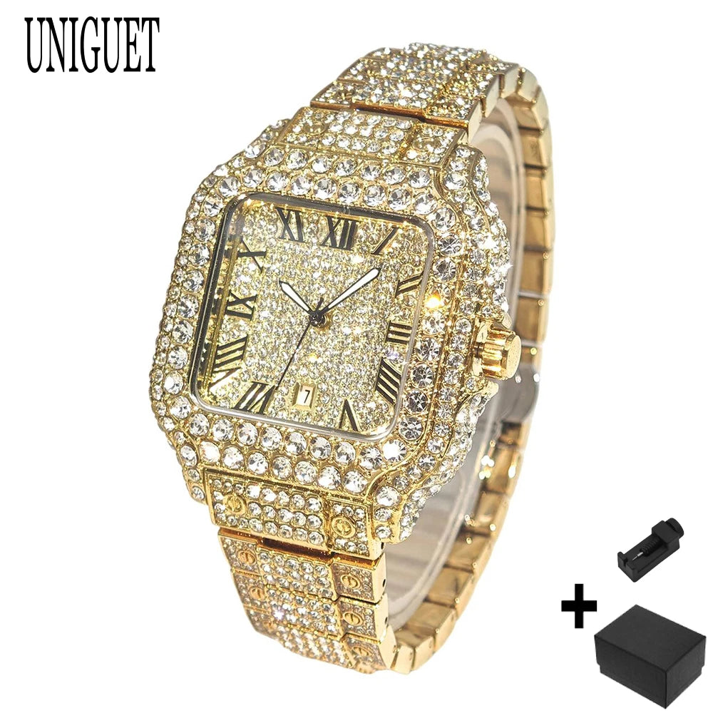 Cool Black Iced Watch For Man Fashion Brand UNIGUET Hip Hop Diamond Bling Bling Jewelry Square Wrist Watch Mens Dropshipping