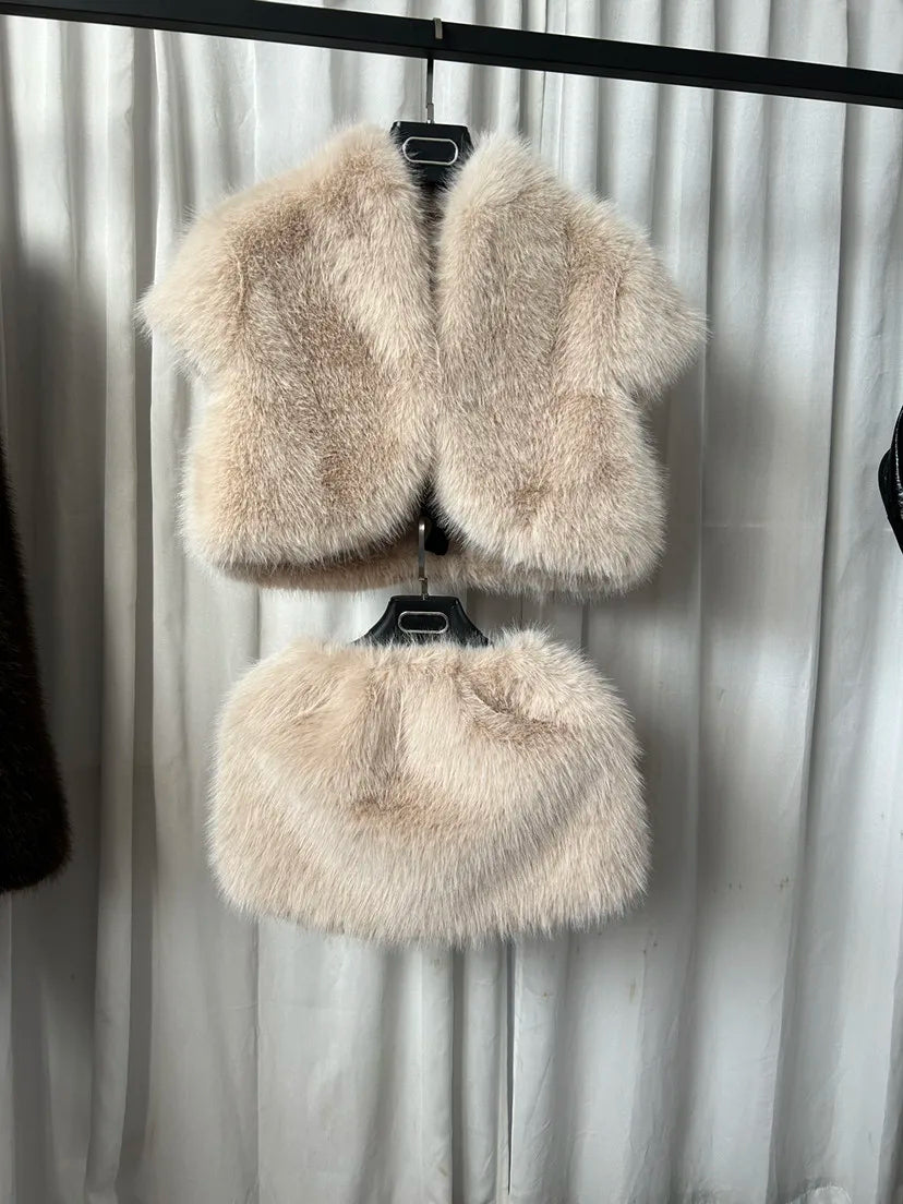 Women Faux Fur Short Coats Jackets 2 Piece Set Thick Warm Skirts Sets Y2k Streetwear Jacket Elegant Short Skirt Autumn Winter